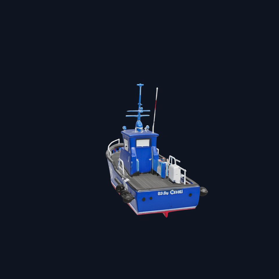 Blue Coast Guard Boat with Sharp Bow and Round Spotlights